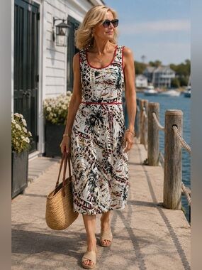 Alexandra Bartlett Linen Blend Tropical Sailboat Dress 12 Coastal Grandma Resort